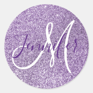 Sticker Rond Faux Améthyste Pailleté Monogramme Féminin
