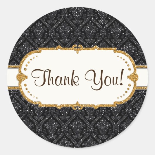 Sticker Rond Faux Black Gold Parties scintillant Mariage damass (Devant)