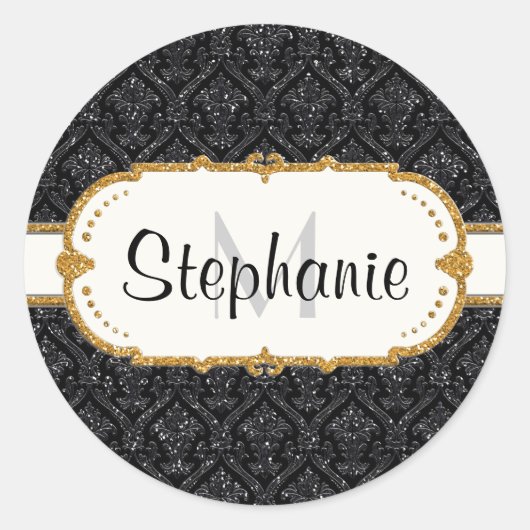 Sticker Rond Faux Black Gold Parties scintillant Mariage damass (Devant)