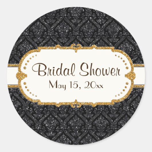 Sticker Rond Faux Black Gold Parties scintillant Mariage damass (Devant)
