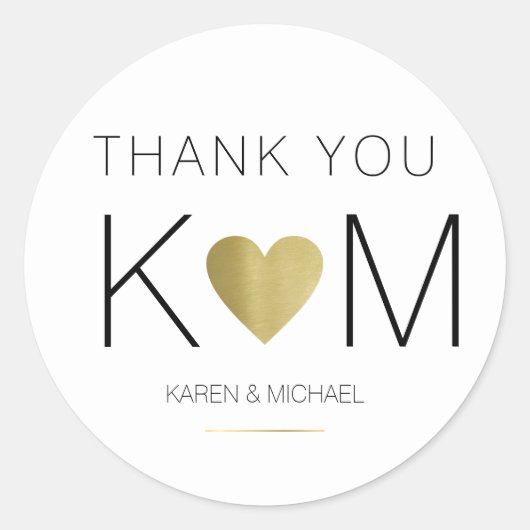 Sticker Rond Faux coeur d'amour or + initiales de couple, merci (Devant)