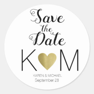 Sticker Rond faux coeur d'amour or, mariages SAVE LA DATE