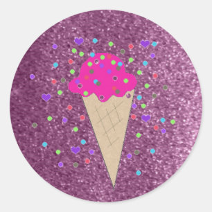 Sticker Rond Faux cône de glace rose pailleté