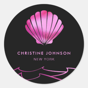 Sticker Rond faux effet métallique logo de coquille rose néon