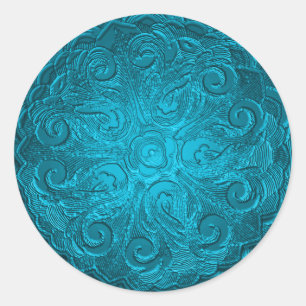 Sticker Rond Faux Embossé Look Sceau Orné, Turquoise