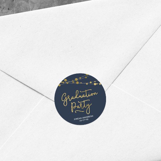 Sticker Rond Faux Gold Chaînes de lumière Blue Graduation Party