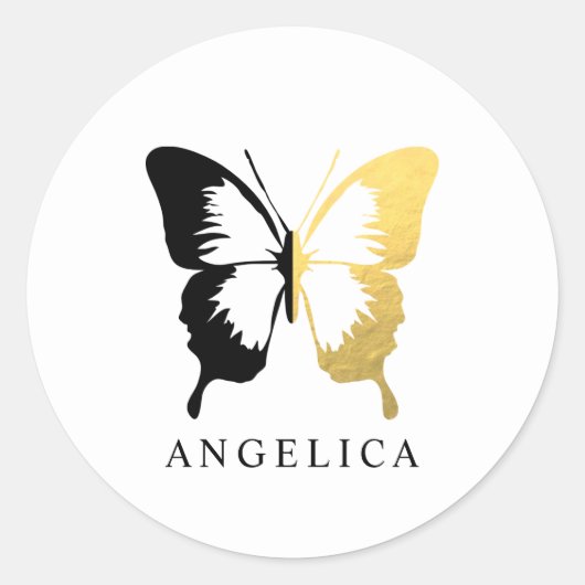 Sticker Rond Faux Gold Foil & Black Butterfly (Devant)