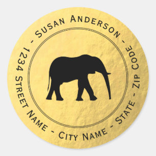 Sticker Rond Faux Gold Foil Black Elephant Return Adresse Label