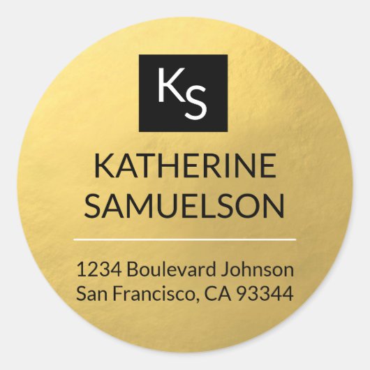 Sticker Rond Faux GOLD FOIL Nom MONOGRAM & Adresse de retour (Devant)
