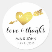 Sticker Rond Faux Gold Heart Merci Monogramme Mariage Faveur (Devant)
