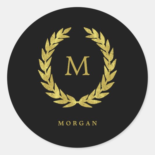 Sticker Rond Faux Gold Laurel Wreath sur noir avec Monogramme (Devant)