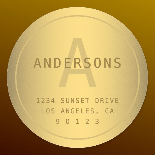 Sticker Rond Faux Gold Nom Monogramme & Adresse de retour