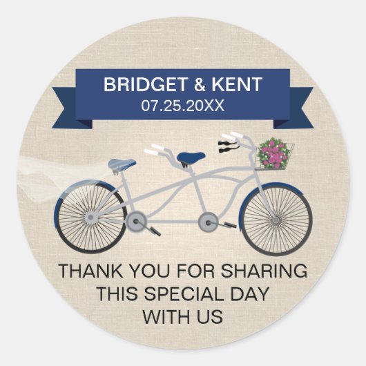 Sticker Rond Faux Linen Bleu foncé Tandem Mariage de vélo (Devant)