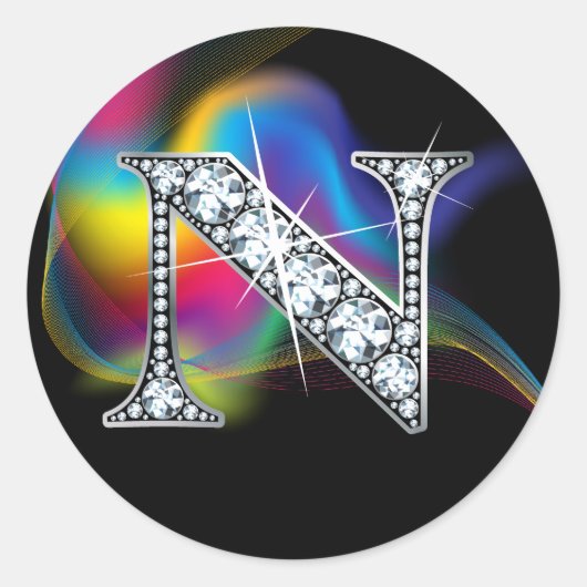Sticker Rond Faux "N" Diamond Bling sur Rainbow Swirl Heart (Devant)