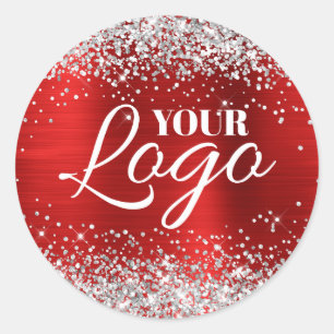 Sticker Rond Faux Pailleté Argent Logo en Feuille de Rouge