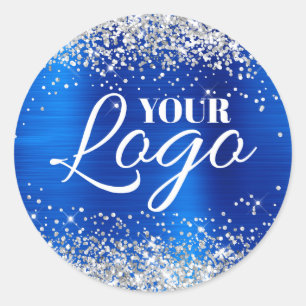 Sticker Rond Faux Paillettes Argent Logo en Feuille de Bleu Roy