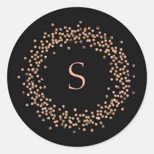 Sticker Rond Faux Rose Gold Confetti en noir   Monogramme