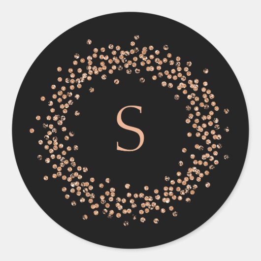 Sticker Rond Faux Rose Gold Confetti en noir | Monogramme (Devant)