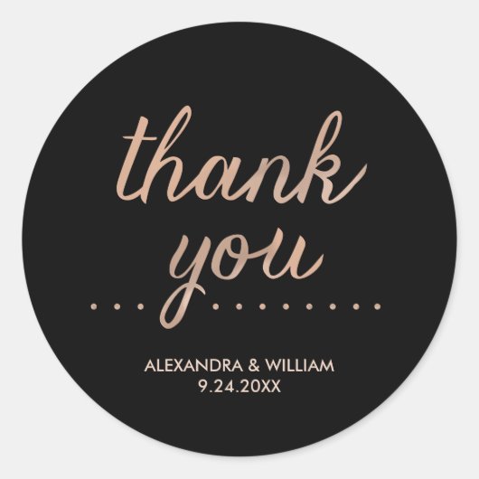 Sticker Rond Faux Rose Gold et Black Dotée Mariage Merci (Devant)
