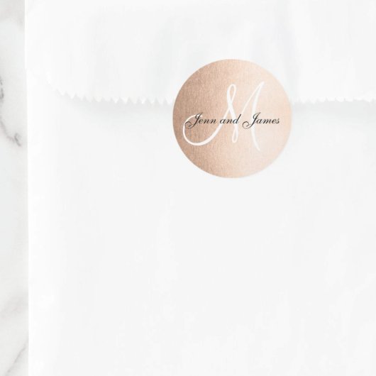 Sticker Rond Faux Rose Gold Foil Black Wedding Favoriser Initia