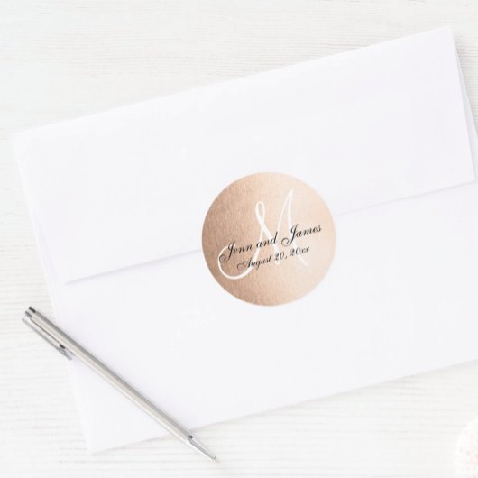 Sticker Rond Faux Rose Gold Foil Black Wedding Favoriser Initia
