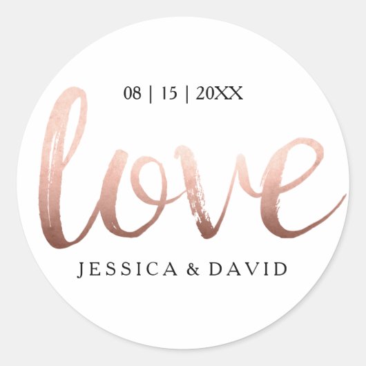 Sticker Rond Faux Rose Gold Foil Love (Devant)