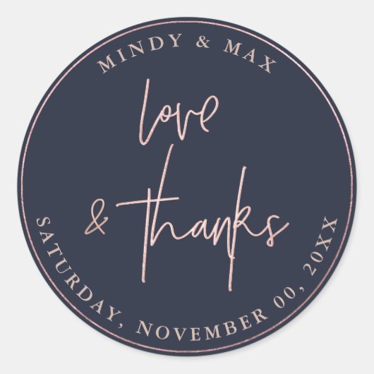 STICKER ROND FAUX ROSE GOLD LOVE+THANKS SIGNATURE SCRIPT (Devant)