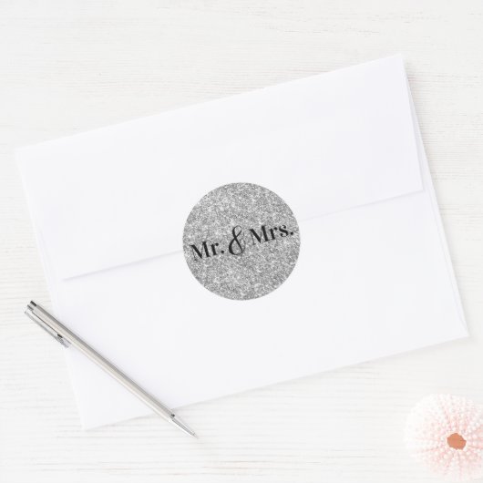 Sticker Rond Faux Silver Parties scintillant M. & Mme Mariage (Enveloppe)