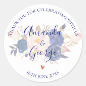 Sticker Rond Faux Vellum Blue Floral Élégant Mariage Script (Devant)