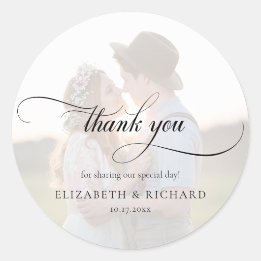 Sticker Rond Faux Vellum Effet Merci photo Script Mariage (Devant)