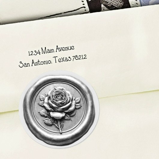 Sticker Rond Faux Wax Seal Silver Rose Deep Impression