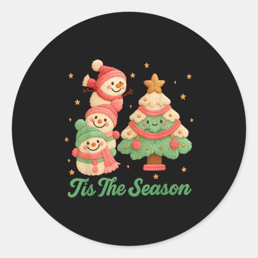 Sticker Rond Faux Yarn Crochet Snowman And Christmas Tree  (Devant)