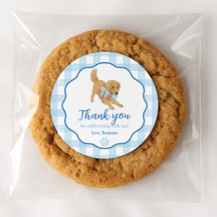 Sticker Rond Faveur d'anniversaire de chiot Retriever doré bleu