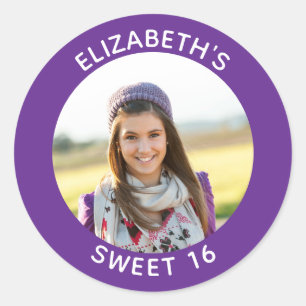 Sticker Rond Faveur d'anniversaire Sweet 16 Photo Violet Royal