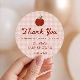 Sticker Rond Faveur de Baby Shower à carreaux rouges Apple of O