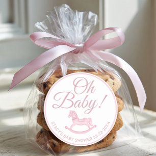 Sticker Rond Faveur de Baby Shower Cheval à Bascule Rose Oh Béb