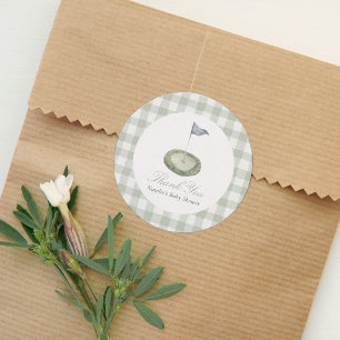 Sticker Rond Faveur de Baby Shower de Golf Gingham Vert Sauge