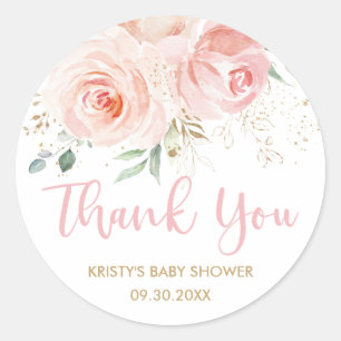 Sticker Rond Faveur de Baby Shower de Mariage Rose Floral Doré
