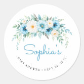 Sticker Rond Faveur de Baby Shower Élégante Fleurs Bleu Pastel  (Devant)