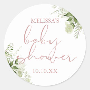 Sticker Rond Faveur de Baby Shower Fleurie de Verdure Rose Pous