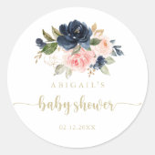Sticker Rond Faveur de Baby Shower Fleurie Rose Navy Or (Devant)
