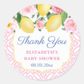 Sticker Rond Faveur de Baby Shower Rose Foncé Citrons Merci (Devant)