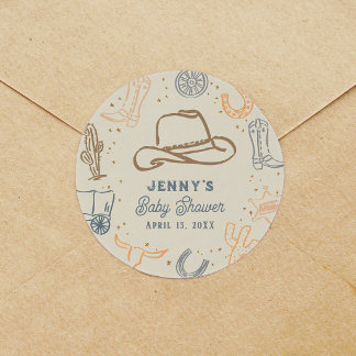 Sticker Rond Faveur de Baby Shower Western Cowboy Salut