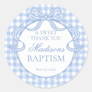 Sticker Rond Faveur de baptême à nœud papillon gingham bleu coq