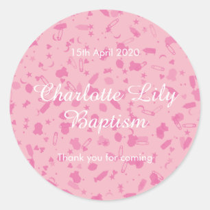 Sticker Rond Faveur de baptême de confettis rose bébé
