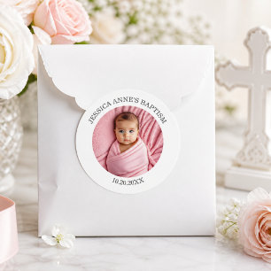 Sticker Rond Faveur de baptême de fille avec photo spéciale