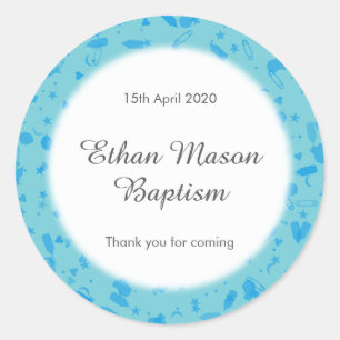 Sticker Rond Faveur de baptême ou de christeening Baby Blue Con