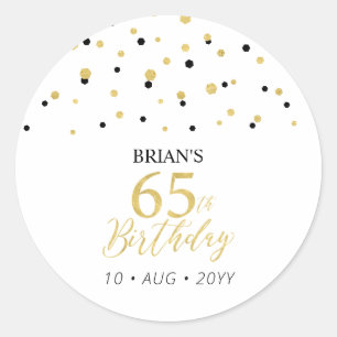 Sticker Rond Faveur de fête d'anniversaire 65 ans confettis Or