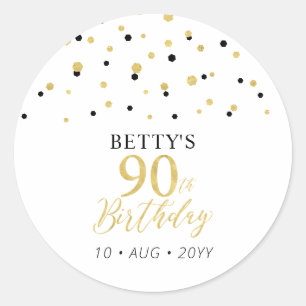 Sticker Rond Faveur de fête d'anniversaire 90 ans confettis Or 