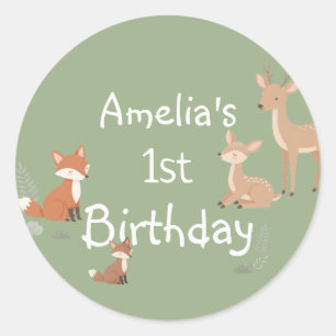 Sticker Rond Faveur de fête d'anniversaire d'animal de la forêt